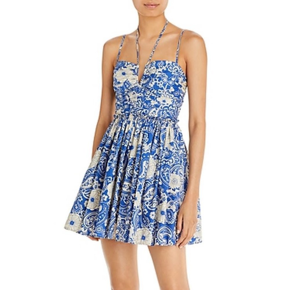 Aqua Paisley Print Halter Mini Dress , Size Large - Picture 2 of 4